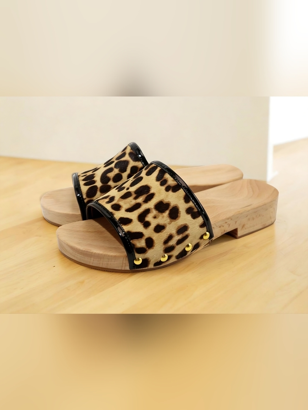 Genuine Leather Leopard Wooden Clogs Sandals | Handmade Wood Slides |Size 9 NIB - Picture 3 of 8